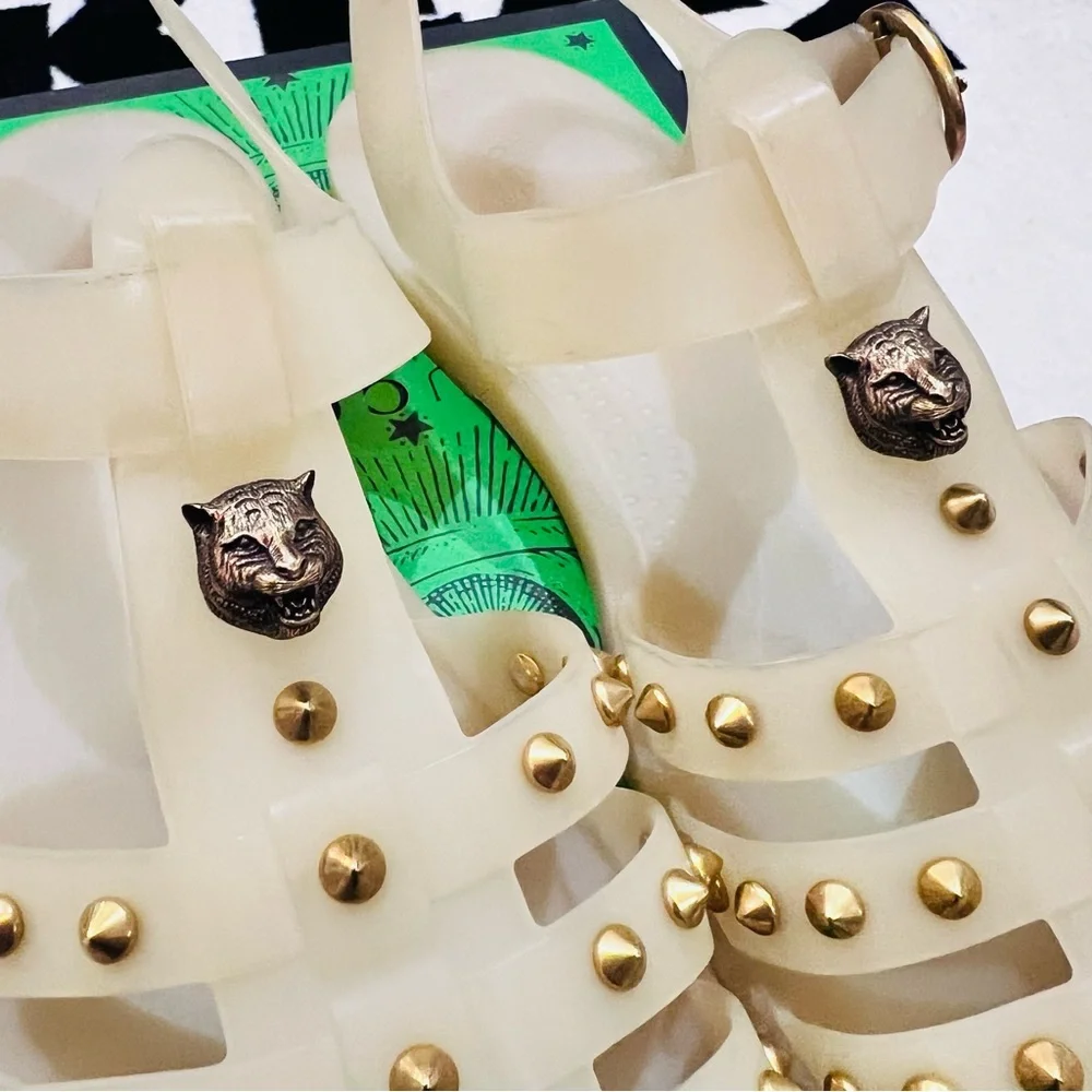 Gucci Tiger Feline Head Metal Studded Rubber Jelly Sandal - Cream/Gold - Picture 6 of 9